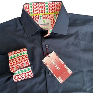 Tom Baine NWT Mens Slim Fit Holiday Performance Shirt Size M Flip Cuff Christmas